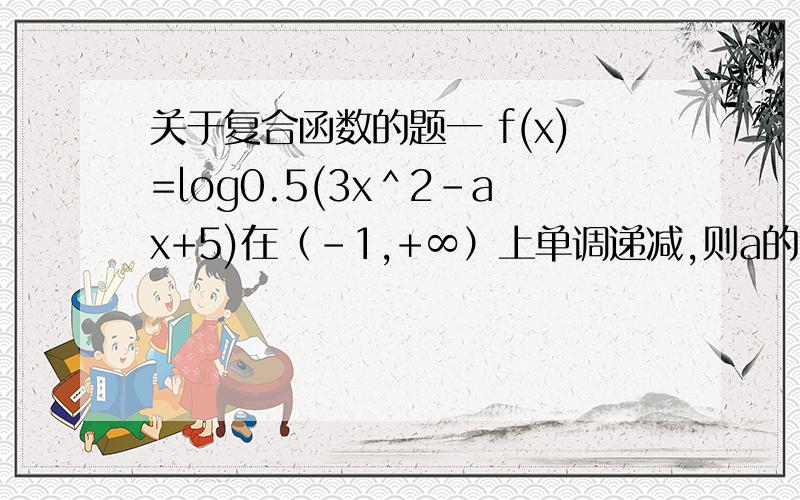 关于复合函数的题一 f(x)=log0.5(3x＾2-ax+5)在（-1,+∞）上单调递减,则a的范围是多少?二 a≠2