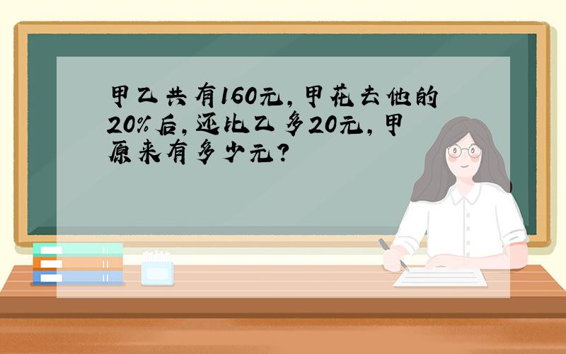 甲乙共有160元,甲花去他的20％后,还比乙多20元,甲原来有多少元?