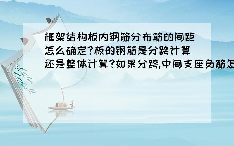 框架结构板内钢筋分布筋的间距怎么确定?板的钢筋是分跨计算还是整体计算?如果分跨,中间支座负筋怎么算