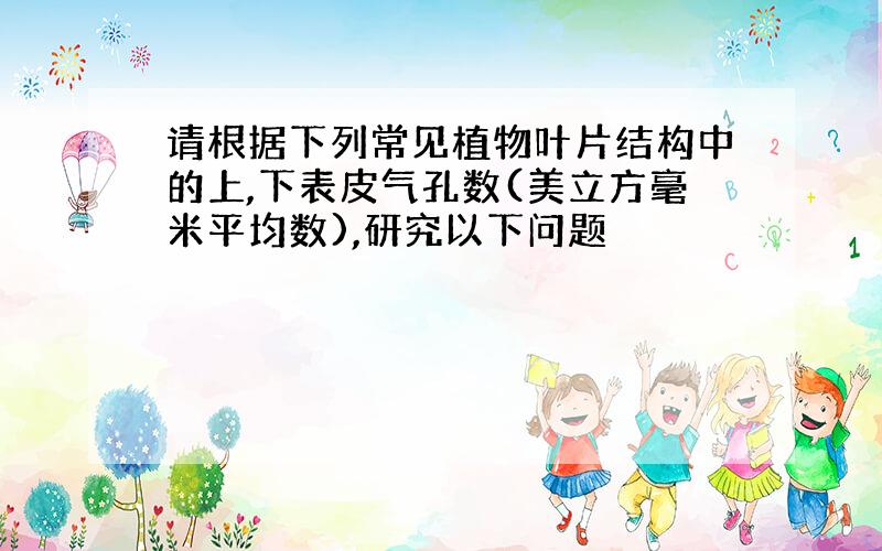 请根据下列常见植物叶片结构中的上,下表皮气孔数(美立方毫米平均数),研究以下问题