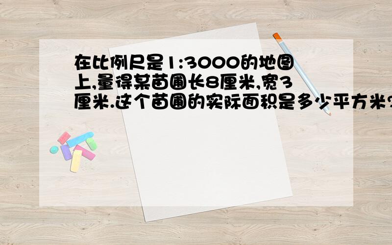 在比例尺是1:3000的地图上,量得某苗圃长8厘米,宽3厘米.这个苗圃的实际面积是多少平方米?