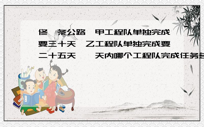 修一条公路,甲工程队单独完成要三十天,乙工程队单独完成要二十五天,一天内哪个工程队完成任务多,多全部工程的几分之几