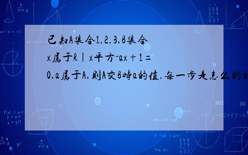 已知A集合1.2.3,B集合x属于R|x平方-ax+1=0,a属于A,则A交B时a的值.每一步是怎么的的