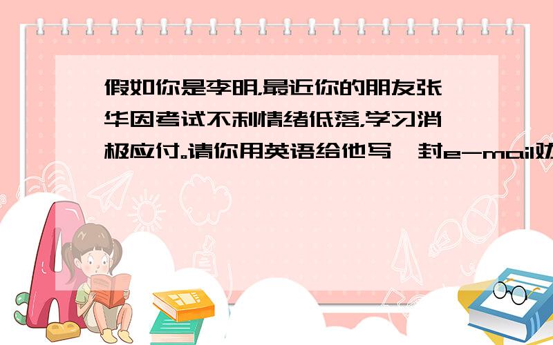 假如你是李明，最近你的朋友张华因考试不利情绪低落，学习消极应付。请你用英语给他写一封e-mail劝慰他，鼓励他努力学习，