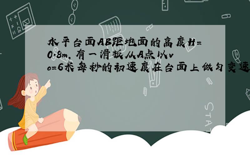 水平台面AB距地面的高度H=0.8m,有一滑板从A点以vo=6米每秒的初速度在台面上做匀变速直线运动,滑块与平