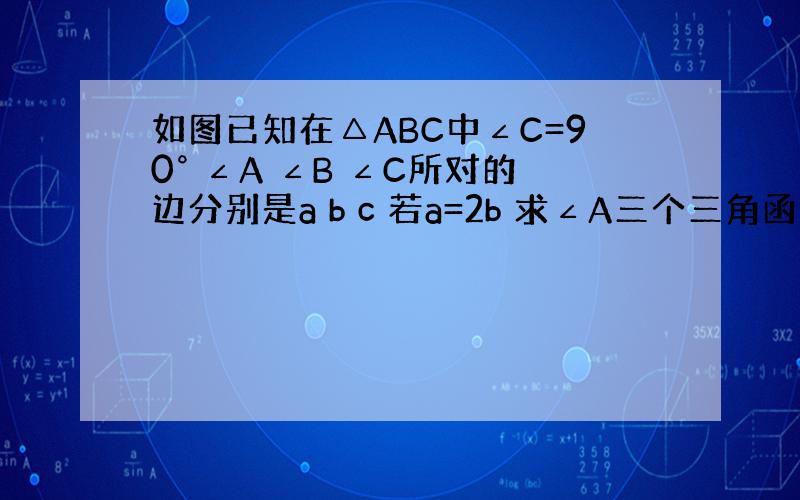 如图已知在△ABC中∠C=90° ∠A ∠B ∠C所对的边分别是a b c 若a=2b 求∠A三个三角函数值