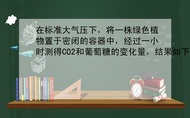 在标准大气压下，将一株绿色植物置于密闭的容器中，经过一小时测得CO2和葡萄糖的变化量，结果如下表：