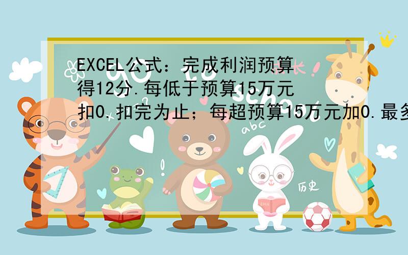 EXCEL公式：完成利润预算得12分.每低于预算15万元扣0.扣完为止；每超预算15万元加0.最多加4分