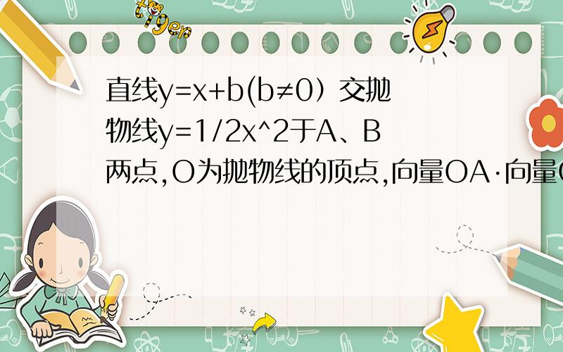 直线y=x+b(b≠0）交抛物线y=1/2x^2于A、B两点,O为抛物线的顶点,向量OA·向量OB=0,则b值为多少?