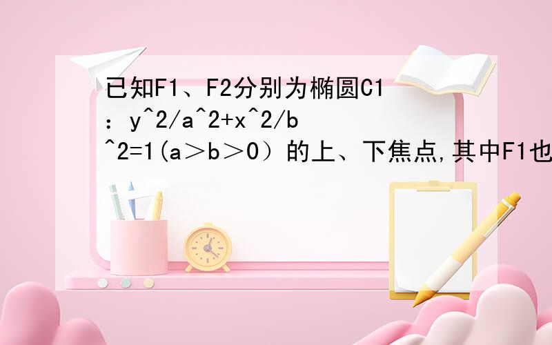 已知F1、F2分别为椭圆C1：y^2/a^2+x^2/b^2=1(a＞b＞0）的上、下焦点,其中F1也是抛物线C2：x^