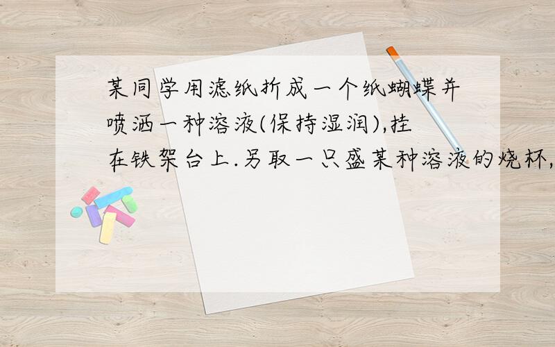 某同学用滤纸折成一个纸蝴蝶并喷洒一种溶液(保持湿润),挂在铁架台上.另取一只盛某种溶液的烧杯,放在纸