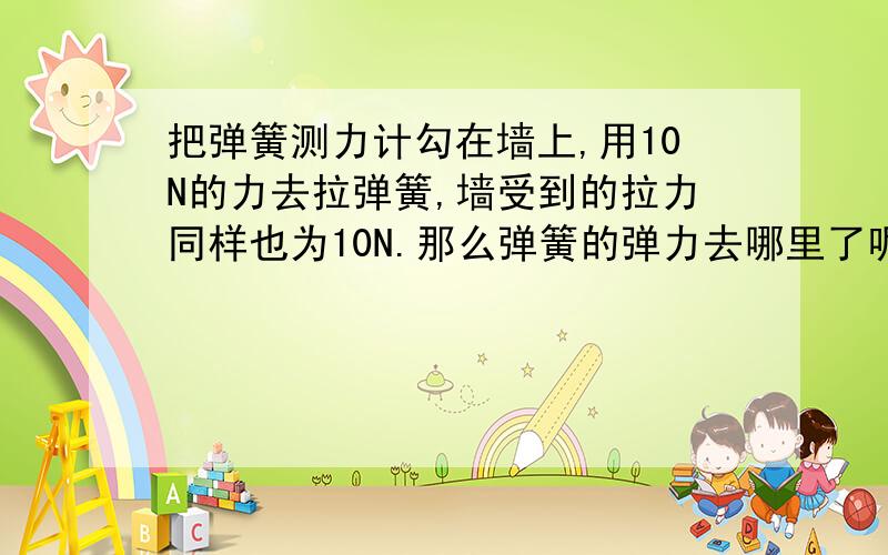 把弹簧测力计勾在墙上,用10N的力去拉弹簧,墙受到的拉力同样也为10N.那么弹簧的弹力去哪里了呢?