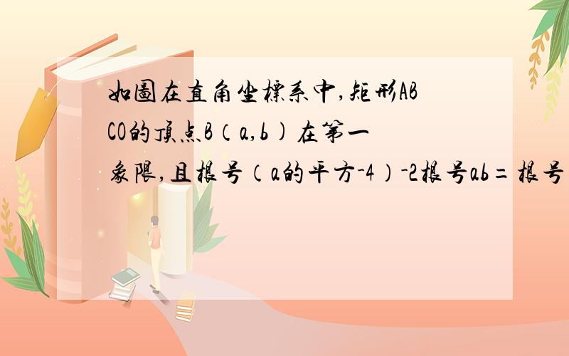 如图在直角坐标系中,矩形ABCO的顶点B（a,b)在第一象限,且根号（a的平方-4）-2根号ab=根号