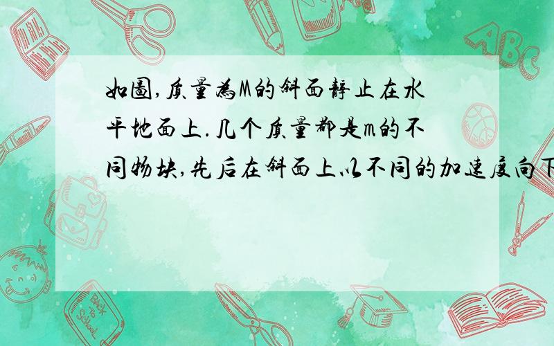 如图,质量为M的斜面静止在水平地面上.几个质量都是m的不同物块,先后在斜面上以不同的加速度向下滑动.