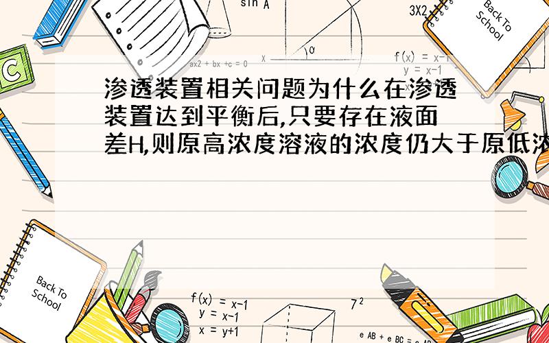 渗透装置相关问题为什么在渗透装置达到平衡后,只要存在液面差H,则原高浓度溶液的浓度仍大于原低浓度溶液.