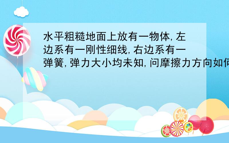 水平粗糙地面上放有一物体,左边系有一刚性细线,右边系有一弹簧,弹力大小均未知,问摩擦力方向如何?