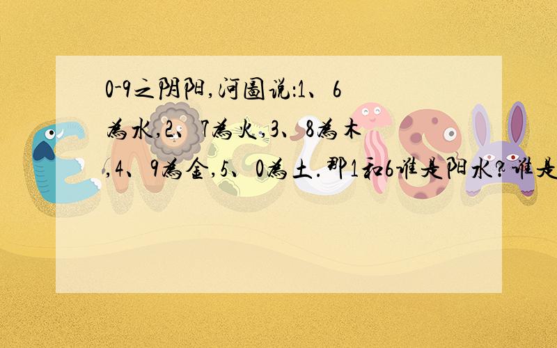 0-9之阴阳,河图说：1、6为水,2、7为火,3、8为木,4、9为金,5、0为土.那1和6谁是阳水?谁是阴水?