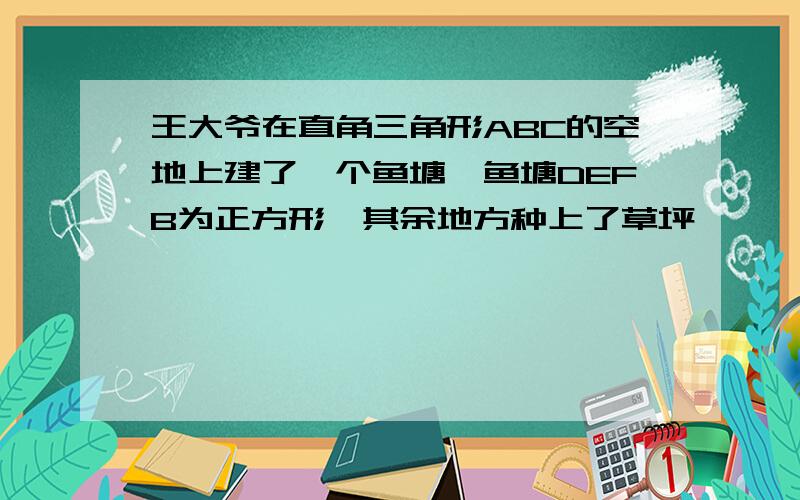 王大爷在直角三角形ABC的空地上建了一个鱼塘,鱼塘DEFB为正方形,其余地方种上了草坪……