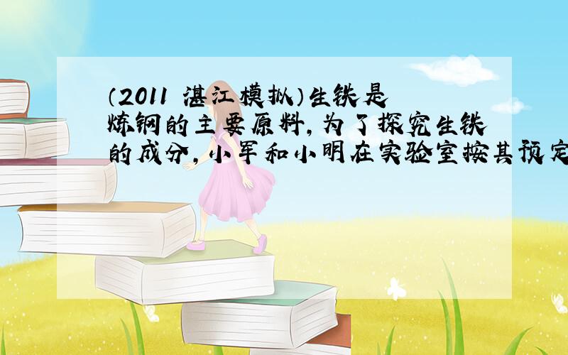 （2011•湛江模拟）生铁是炼钢的主要原料，为了探究生铁的成分，小军和小明在实验室按其预定方案进行实验：他们用一小块生铁