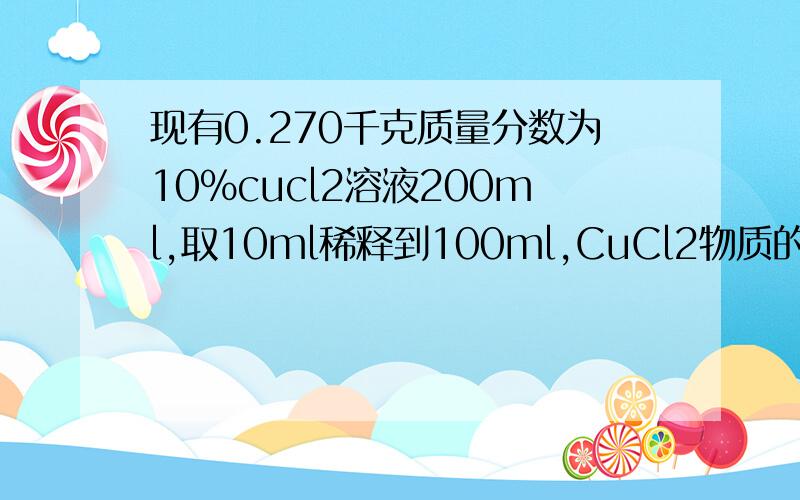 现有0.270千克质量分数为10%cucl2溶液200ml,取10ml稀释到100ml,CuCl2物质的量浓度为多少?