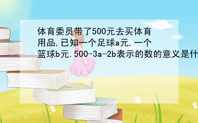 体育委员带了500元去买体育用品,已知一个足球a元,一个篮球b元.500-3a-2b表示的数的意义是什么