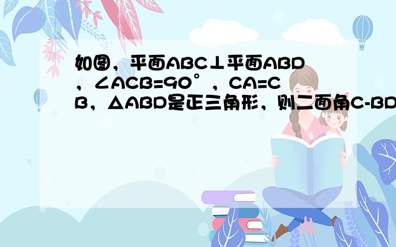 如图，平面ABC⊥平面ABD，∠ACB=90°，CA=CB，△ABD是正三角形，则二面角C-BD-A的平面角的正切值为多