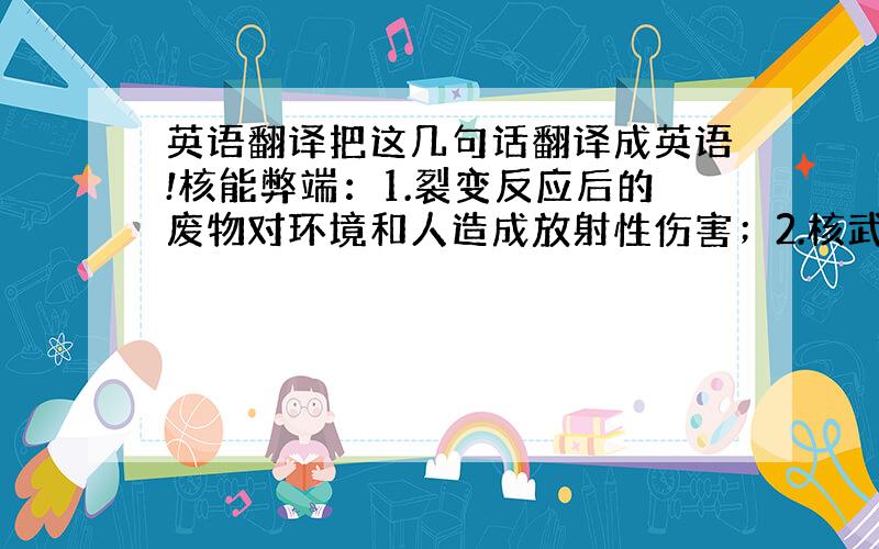 英语翻译把这几句话翻译成英语!核能弊端：1.裂变反应后的废物对环境和人造成放射性伤害；2.核武器扩散会造成巨大威胁.