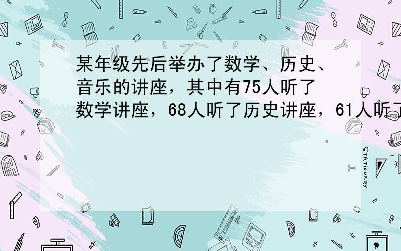 某年级先后举办了数学、历史、音乐的讲座，其中有75人听了数学讲座，68人听了历史讲座，61人听了音乐讲座，17人同时听了