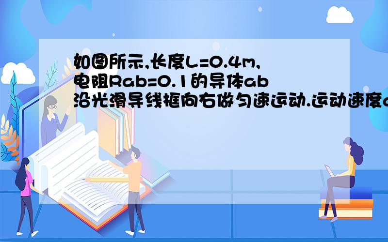 如图所示,长度L=0.4m,电阻Rab=0.1的导体ab沿光滑导线框向右做匀速运动.运动速度a=5m/s.线框中接有R=