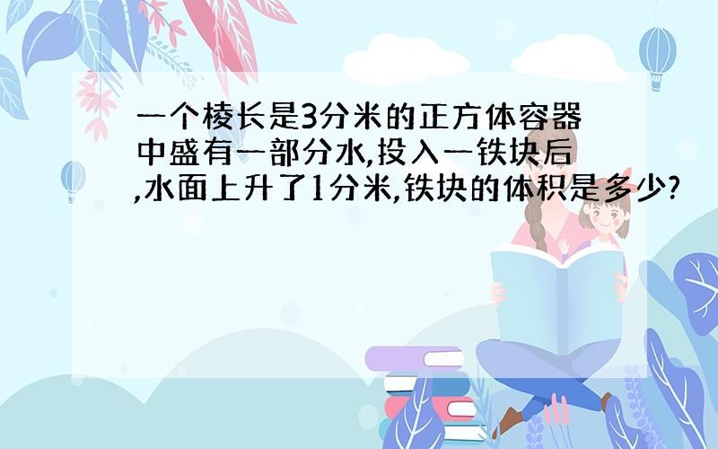 一个棱长是3分米的正方体容器中盛有一部分水,投入一铁块后,水面上升了1分米,铁块的体积是多少?