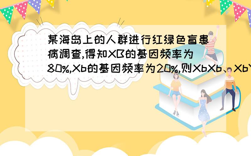 某海岛上的人群进行红绿色盲患病调查,得知XB的基因频率为80%,Xb的基因频率为20%,则XbXb、XbY基因型频率为