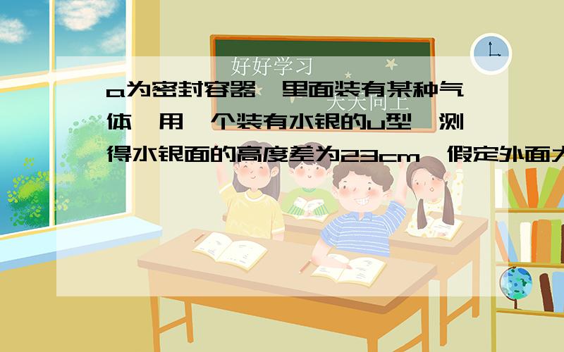 a为密封容器,里面装有某种气体,用一个装有水银的u型,测得水银面的高度差为23cm,假定外面大气压的值为77cm水银柱,