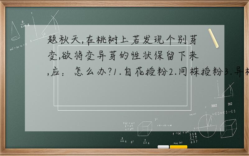 题秋天,在桃树上若发现个别芽变,欲将变异芽的性状保留下来,应：怎么办?1.自花授粉2.同株授粉3.异株授粉4.嫁接到砧木