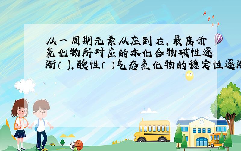 从一周期元素从左到右,最高价氧化物所对应的水化合物碱性逐渐（ ),酸性（ ）气态氢化物的稳定性逐渐（ ） 第三周期元素里