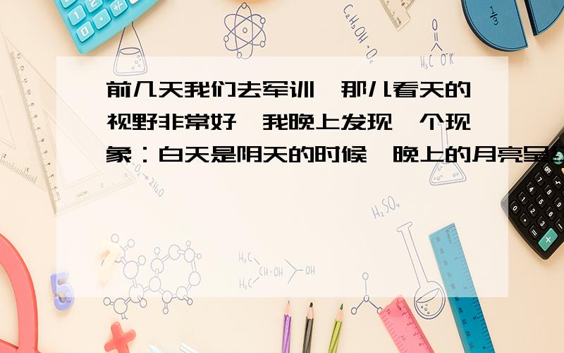 前几天我们去军训,那儿看天的视野非常好,我晚上发现一个现象：白天是阴天的时候,晚上的月亮呈红色；白天是晴天的时候,晚上的