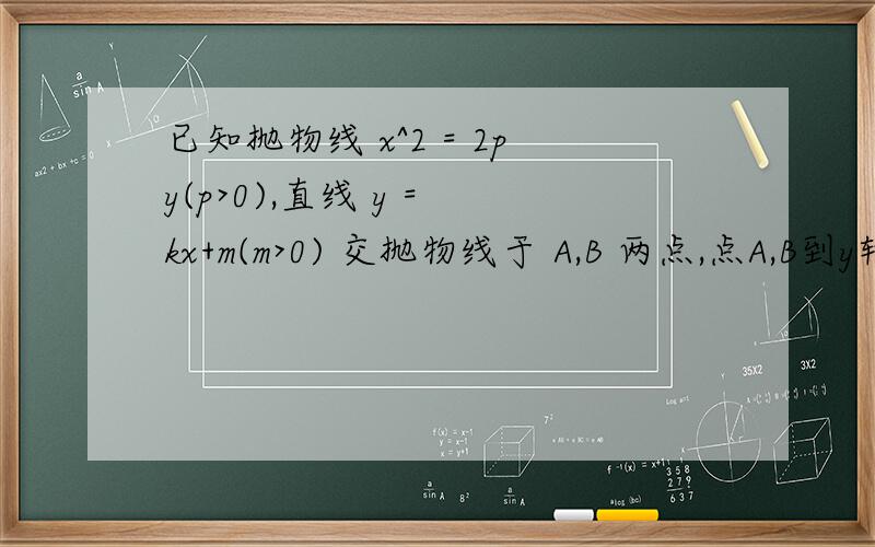 已知抛物线 x^2 = 2py(p>0),直线 y = kx+m(m>0) 交抛物线于 A,B 两点,点A,B到y轴的距