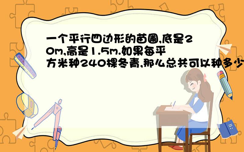 一个平行四边形的苗圃,底是20m,高是1.5m.如果每平方米种240棵冬青,那么总共可以种多少棵冬青.