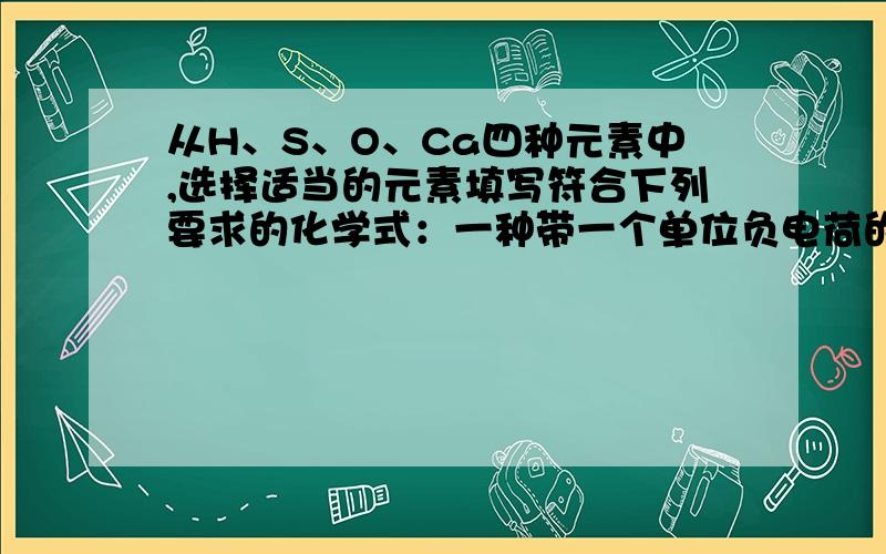 从H、S、O、Ca四种元素中,选择适当的元素填写符合下列要求的化学式：一种带一个单位负电荷的阴离子