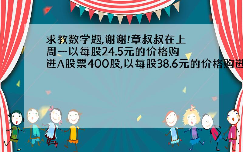 求教数学题,谢谢!章叔叔在上周一以每股24.5元的价格购进A股票400股,以每股38.6元的价格购进B股票500股.周二