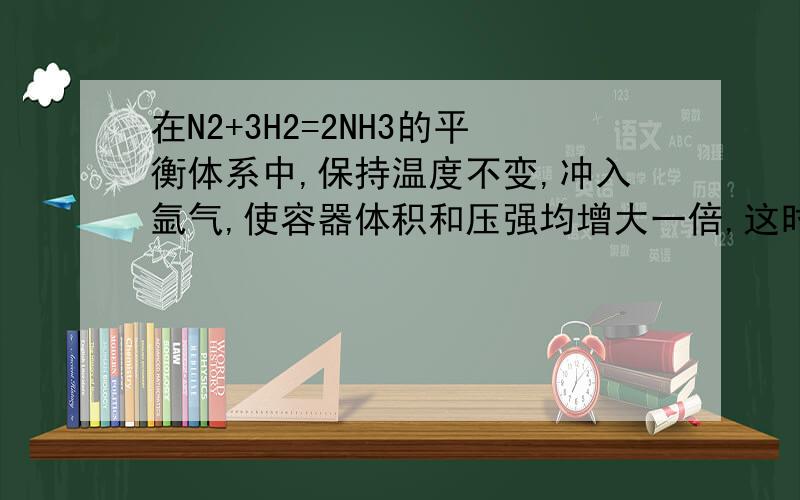 在N2+3H2=2NH3的平衡体系中,保持温度不变,冲入氩气,使容器体积和压强均增大一倍,这时平衡将