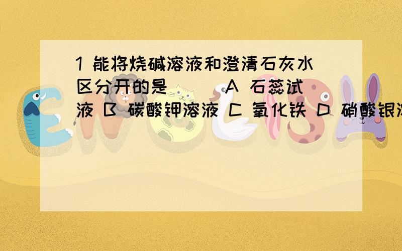 1 能将烧碱溶液和澄清石灰水区分开的是（ ） A 石蕊试液 B 碳酸钾溶液 C 氧化铁 D 硝酸银溶液