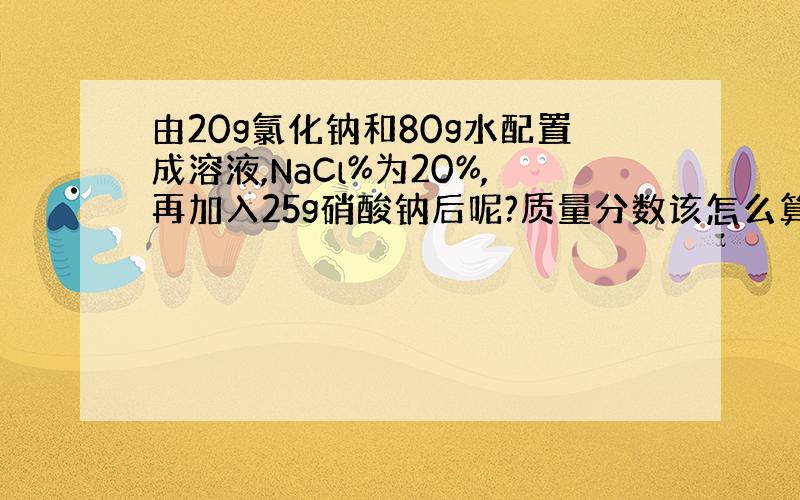 由20g氯化钠和80g水配置成溶液,NaCl%为20%,再加入25g硝酸钠后呢?质量分数该怎么算?