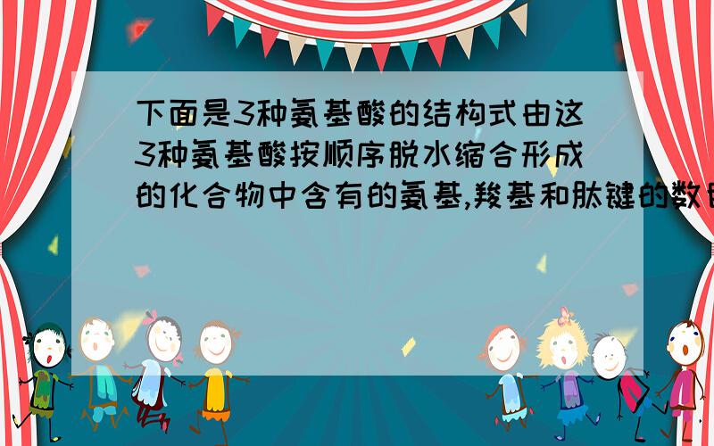 下面是3种氨基酸的结构式由这3种氨基酸按顺序脱水缩合形成的化合物中含有的氨基,羧基和肽键的数目依次是