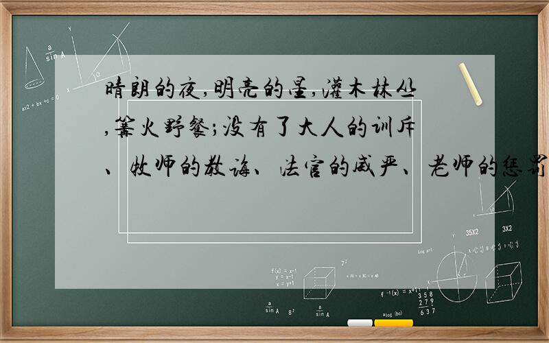 晴朗的夜,明亮的星,灌木林丛,篝火野餐；没有了大人的训斥、牧师的教诲、法官的威严、老师的惩罚,有的