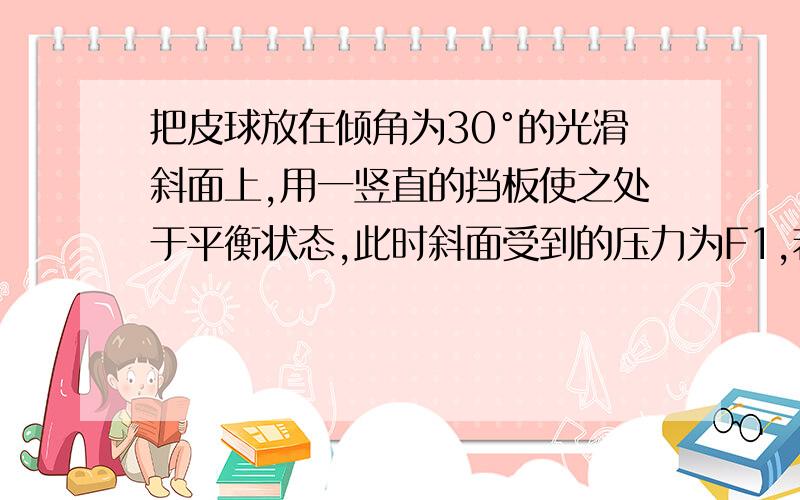 把皮球放在倾角为30°的光滑斜面上,用一竖直的挡板使之处于平衡状态,此时斜面受到的压力为F1,若撤去挡板时