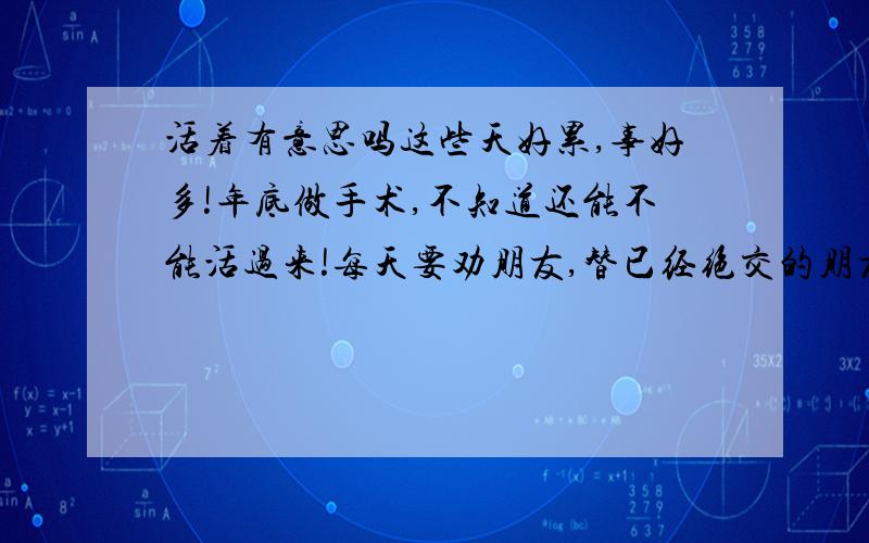 活着有意思吗这些天好累,事好多!年底做手术,不知道还能不能活过来!每天要劝朋友,替已经绝交的朋友收拾烂摊子!为了不连累别