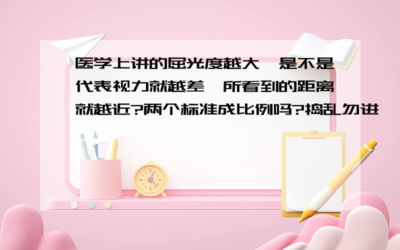 医学上讲的屈光度越大,是不是代表视力就越差,所看到的距离就越近?两个标准成比例吗?捣乱勿进