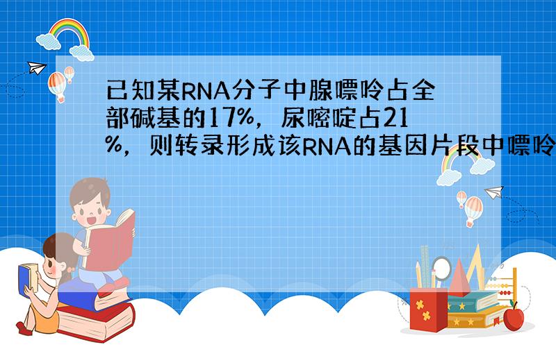 已知某RNA分子中腺嘌呤占全部碱基的17%，尿嘧啶占21%，则转录形成该RNA的基因片段中嘌呤碱基所占比例为（　　）