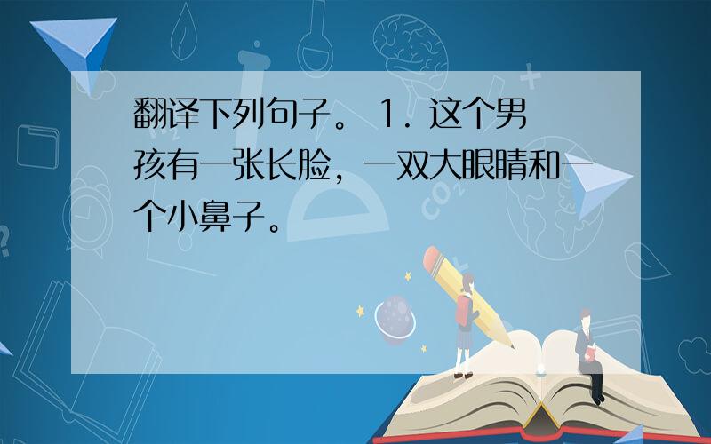 翻译下列句子。 1. 这个男孩有一张长脸，一双大眼睛和一个小鼻子。