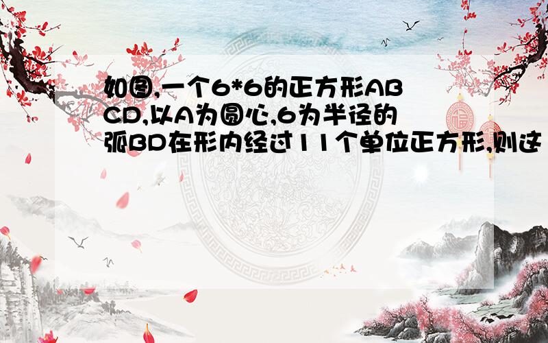 如图,一个6*6的正方形ABCD,以A为圆心,6为半径的弧BD在形内经过11个单位正方形,则这11个单位正方形在BD内